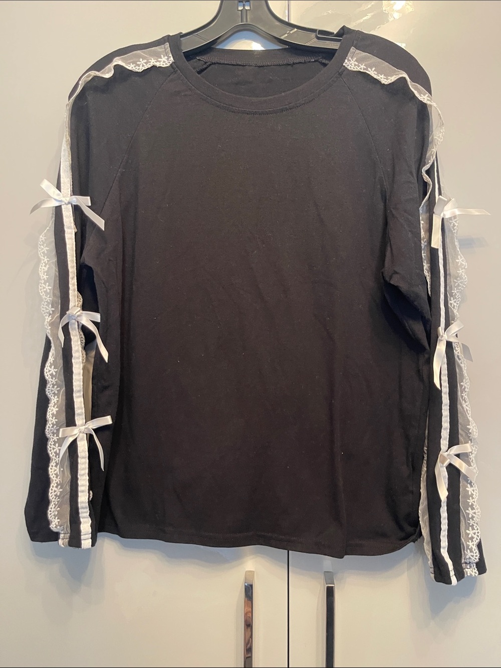 Black Long Sleeve Top with White Lace & Ribbon Detail